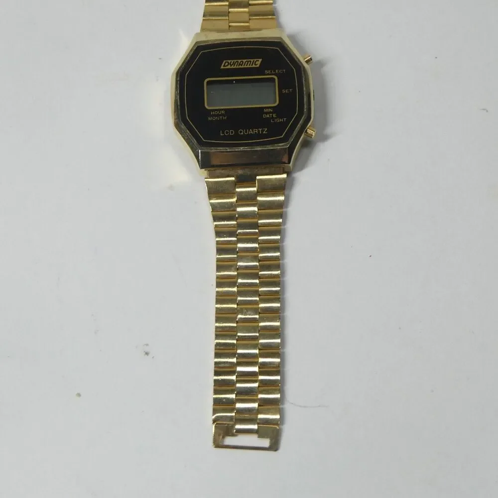 Dynamic LCD Quartz Watch Vintage Goldtone Black Hong Kong Wristwatch